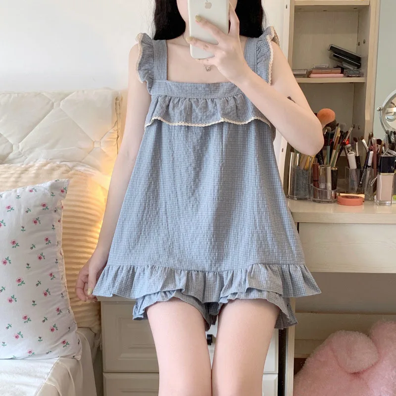 Новая летняя Пижама, Милая Кружевная кофта с квадратным вырезом, пуловер + шорты, ночная рубашка из 2 предметов, Корейская Повседневная Женская домашняя одежда для сна