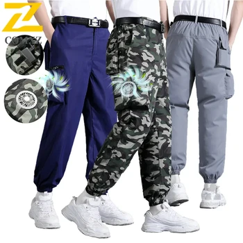 Summer Fan Trousers Men's USB Cooling Work Pants Air Conditioner Clothes Outdoor Smart Ice Cool Camouflage Fishing Cargo Pants 1