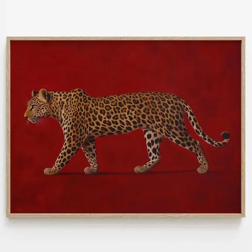 Red Leopard Oil Painting - Framed Poster, Burgundy Vintage Artwork, Luxe Masculine Decor