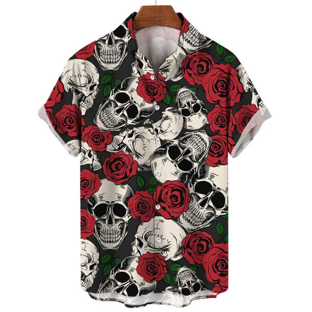 

Vintage Men's Shirt Skull Print Loose Horror Casual Short Sleeved Oversized-Shirts For Men Street Hawaiian Blouse Men Clothing