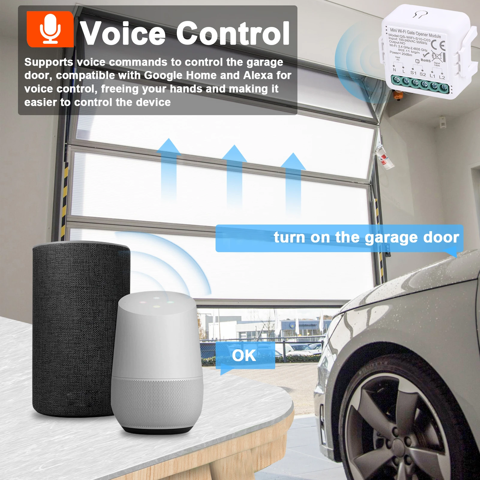 Smart Wi-Fi Garage Door Opener Module Tuya APP Voice Control Compatible with Google Home Remote Control Timer Function Device Sh