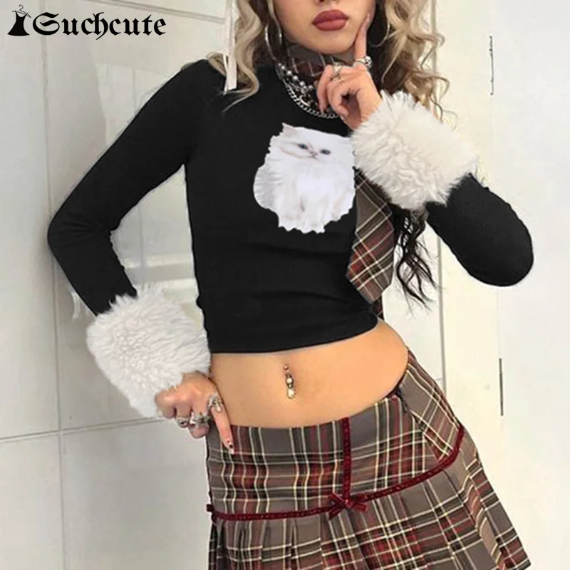 

SUCHCUTE Women Fur Trim T-Shirt Kawaii Cat Printed O Neck Long Sleeve Slim Top Fashion Casual Harajuku Fashion Party Y2k Clothes