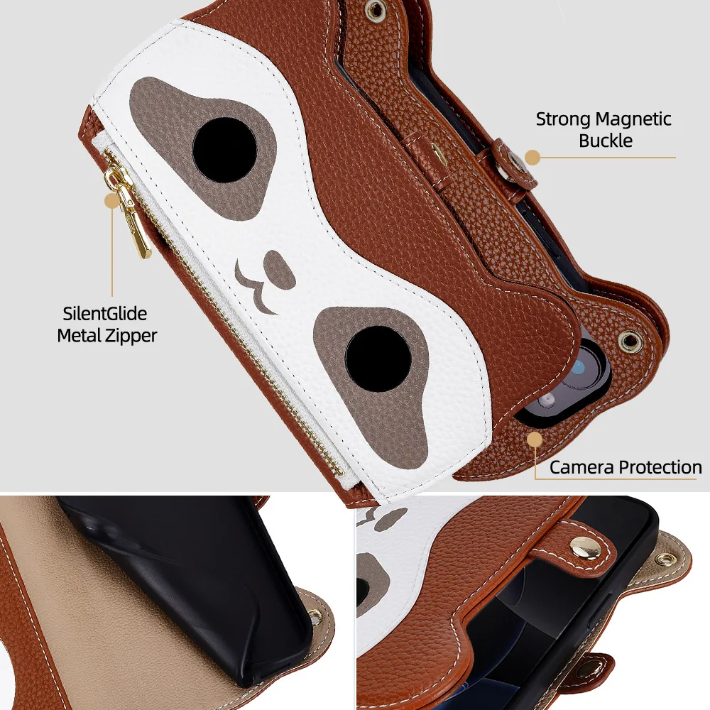 Luxury Leather Flip Wallet Phone Case with Card Slots and Lanyard
