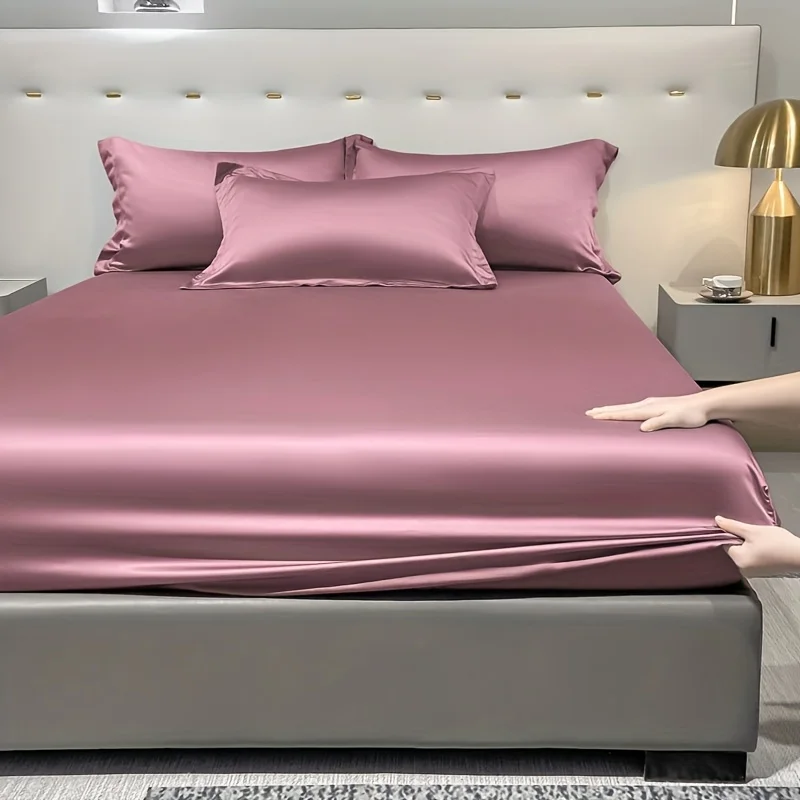 Description Picture 6 of item1 Simple Modern Satin Solid Color Fitted Sheet,Deep Pink Color Ice Silk Bedspread For Bedroom,Bedding (Excluding Pillowcases)