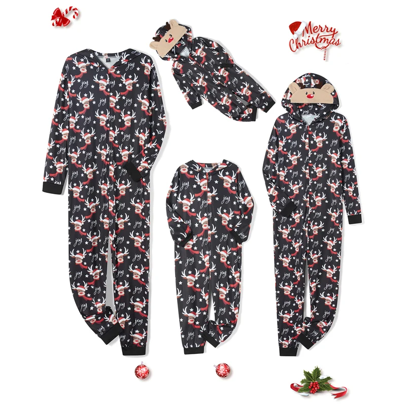 Combhasaki Family Matching Christmas Pajamas Loungewear Long Sleeve 3D Elk Antler All-over Print Hooded Romper Zip Up Jumpsuits 6