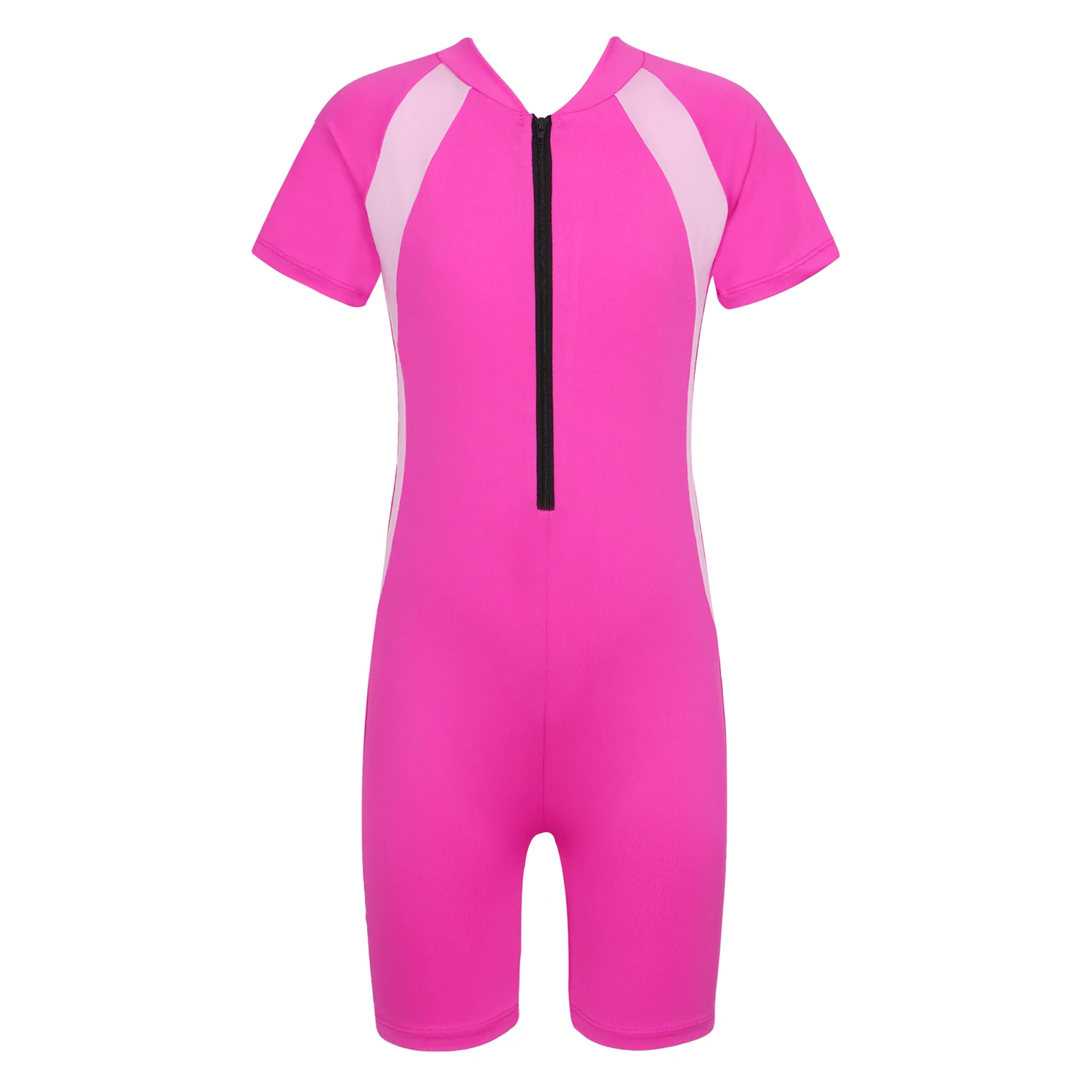 Kids Girls One-piece Rashguard Swimsuits Swimwear Short Sleeves Zippered Shorty Bathing Suits Rash Guards UPF 50+ sun protection