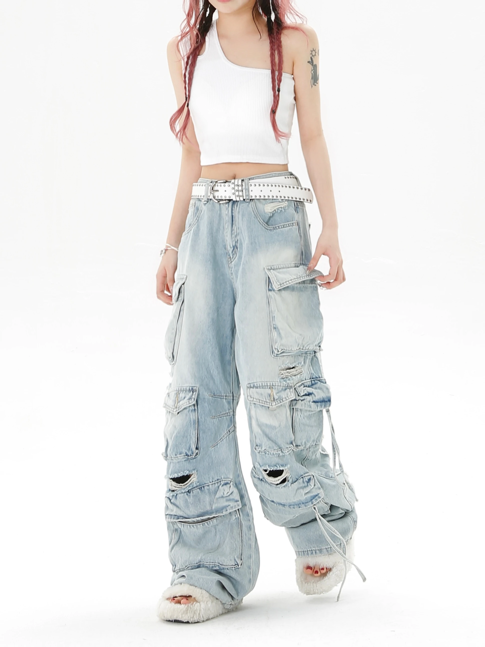 New Heavy Industry Multi-Pocket Washed Cargo Pants Women Y2K 