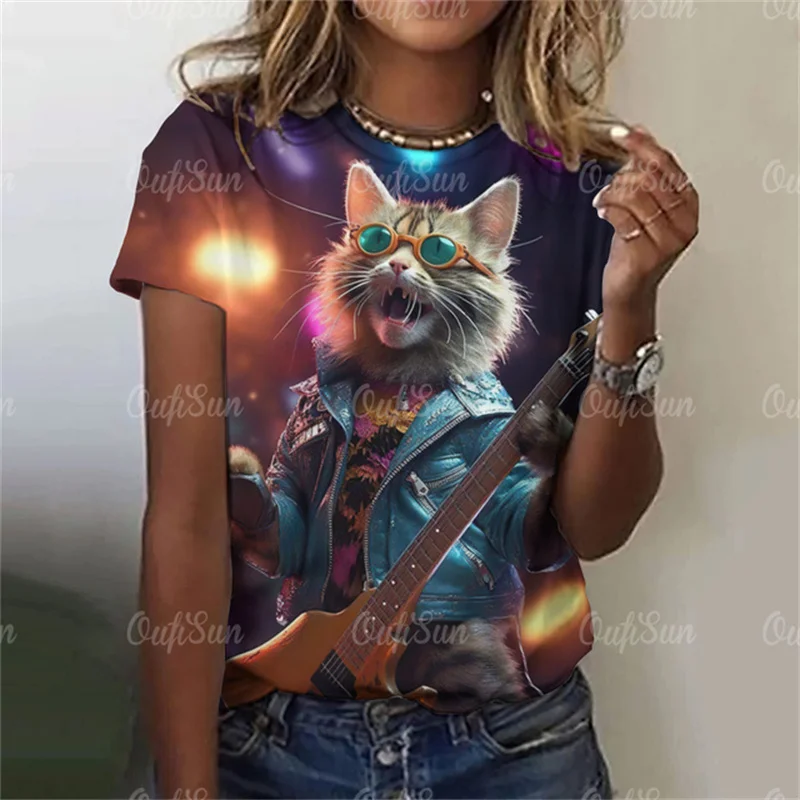 

New Fun Music Cat Style Harajuku Women's T-shirt Fashion Cute Girl Street Clothing Loose and Comfortable O-neck Short Sleeve Top