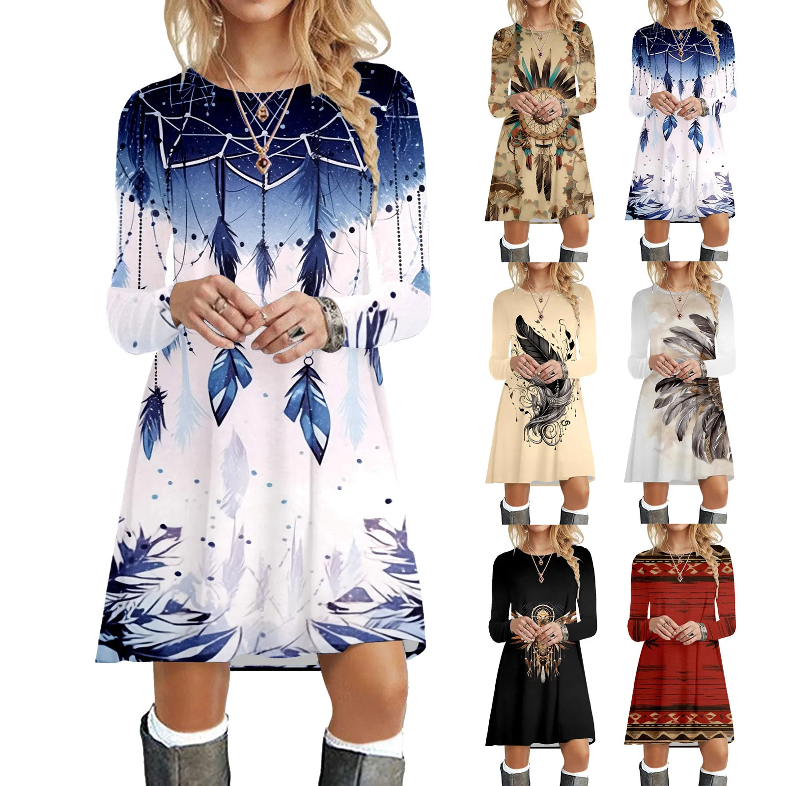 

Women Casual Round Neck Long Sleeved Retro Ethnic Style Printed Dress Knee Skirt Casual Dress Ladies Dresses Summer Casual