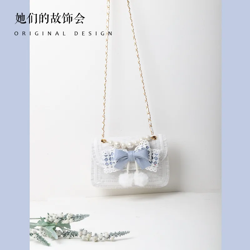 Lolita Bag Girl Cute Blue JK Portable Shoulder Bag Sweet Bowknot Fur Ball Messenger Bag for Women