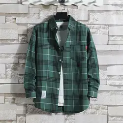 Plaid Male Top with Pocket Long Sleeve Men's Shirt and Blouse Designer Slim Fit Casual Cheap Brand Button Fashion 2024 I Clothes