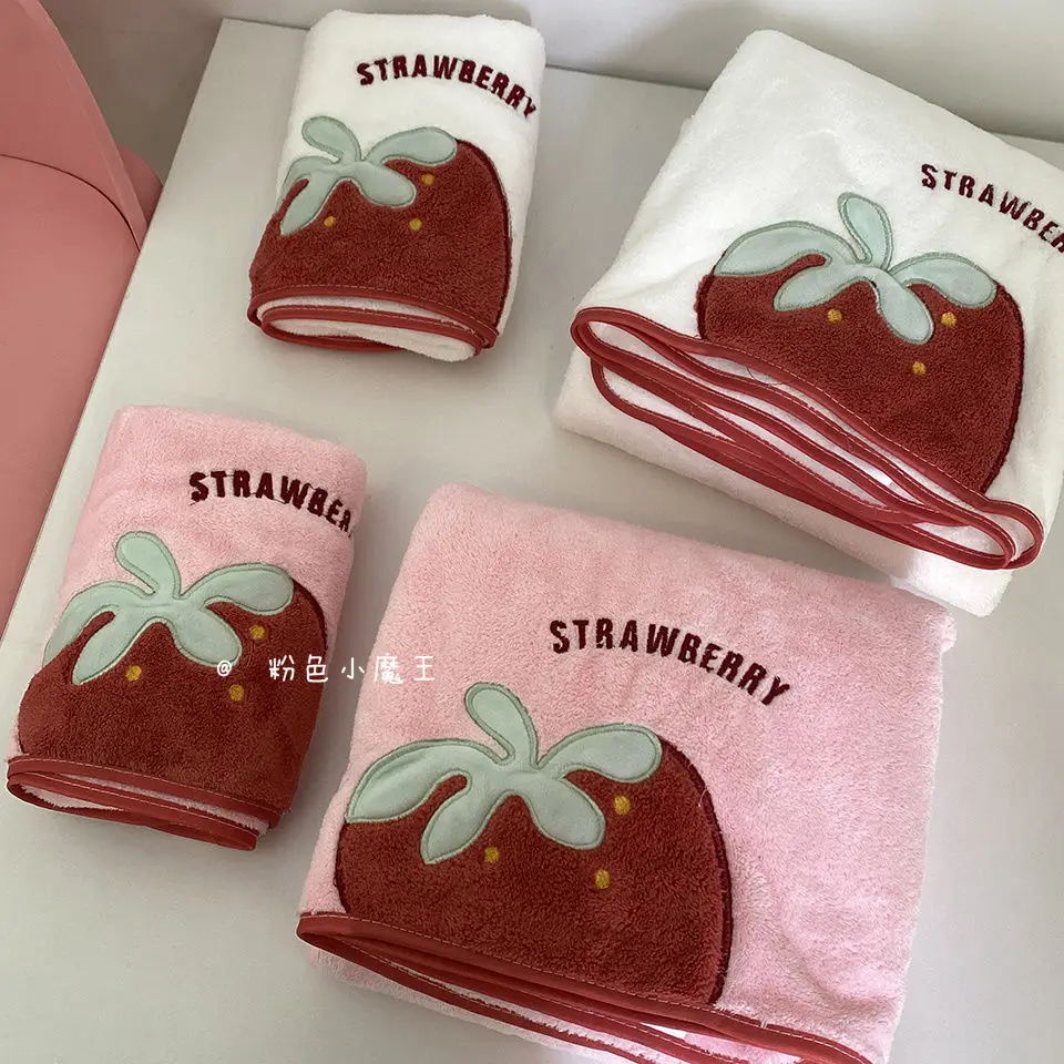 Strawberry Embroidery Face Towel Couples Cute Daily Ins Home Household Strong Absorbent Soft Coral Fleece New Simple Microfiber 6