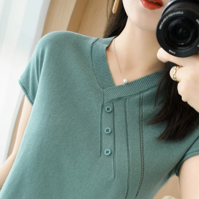

100% cotton sweater short-sleeved women's V-neck T-shirt women's spring and summer pullover half-sleeve loose cotton knitted bot