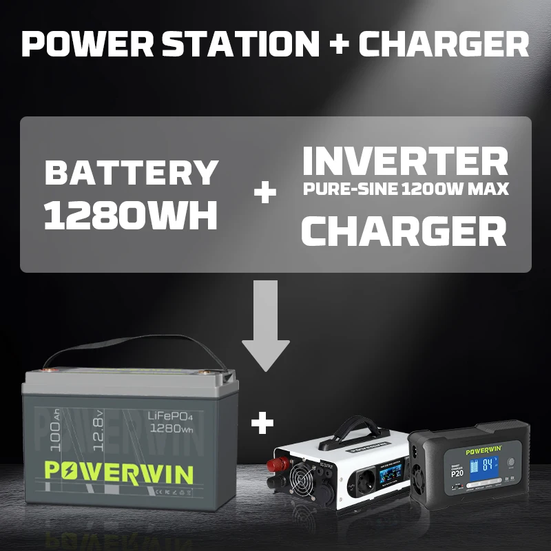 POWERWIN BT100 12.8V LiFePO4 Battery with PI1200 12V Portable Inverter & P20 Smart Battery Charger, Off-Grid Power Solution 2