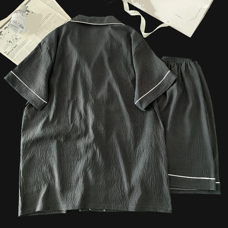 L-5XL 고품질 남성 파자마 세트, 솔리드 반팔 라펠 상의와 신축성 있는 반바지 파자마 세트, 여름 라운지웨어 슬립웨어 PJS