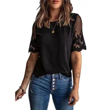 

Women Sexy Lace Patchwork Hollow Out Shirt Blouse Short Sleeve O-Neck Mesh Design Tops 2022 Spring White Vintage Chiffon Shirts