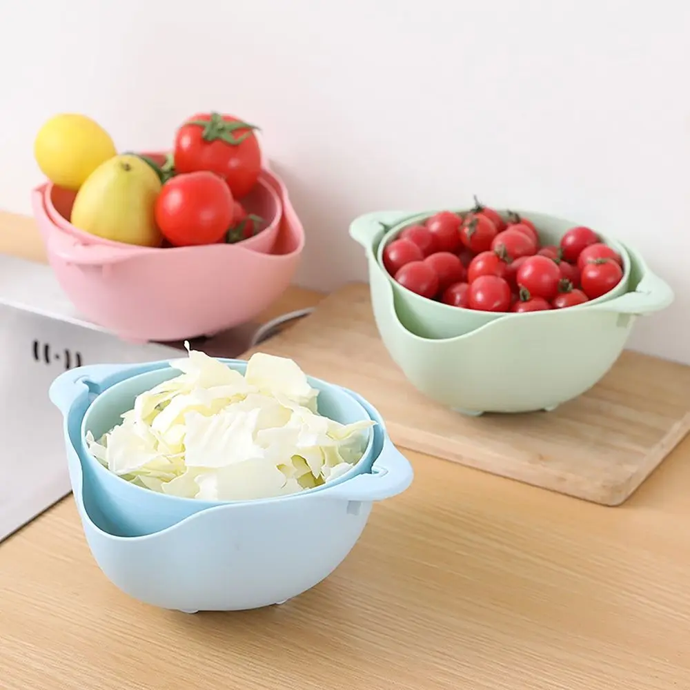 Double Layer Vegetable Drain Basket Kitchen Gadgets Green Blue Pink Rice Washing Bowl with Handle Sink Rotatable Drainer