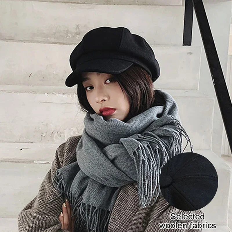 Solid Color Woolen Fashion Beret Autumn Winter Outdoor Cotton Hat Windproof Octagonal Hat Unisex Painter Hats Caps