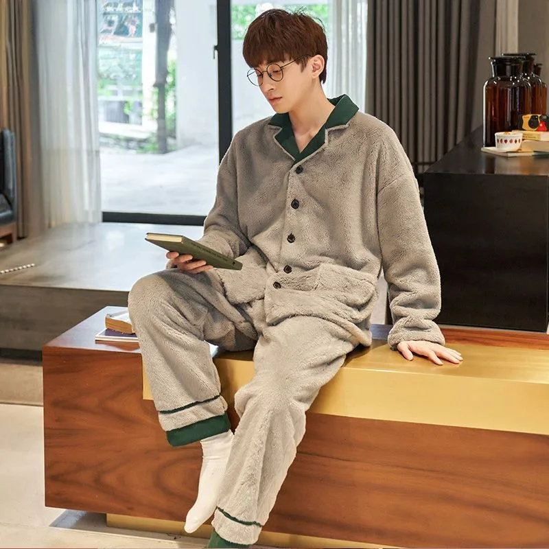 

2023 New Men's Pajamas Autumn and Winter Coral Fleece Loungewear Thickened Flannel Warm Homewear Set Loose V-neck Sleepwear