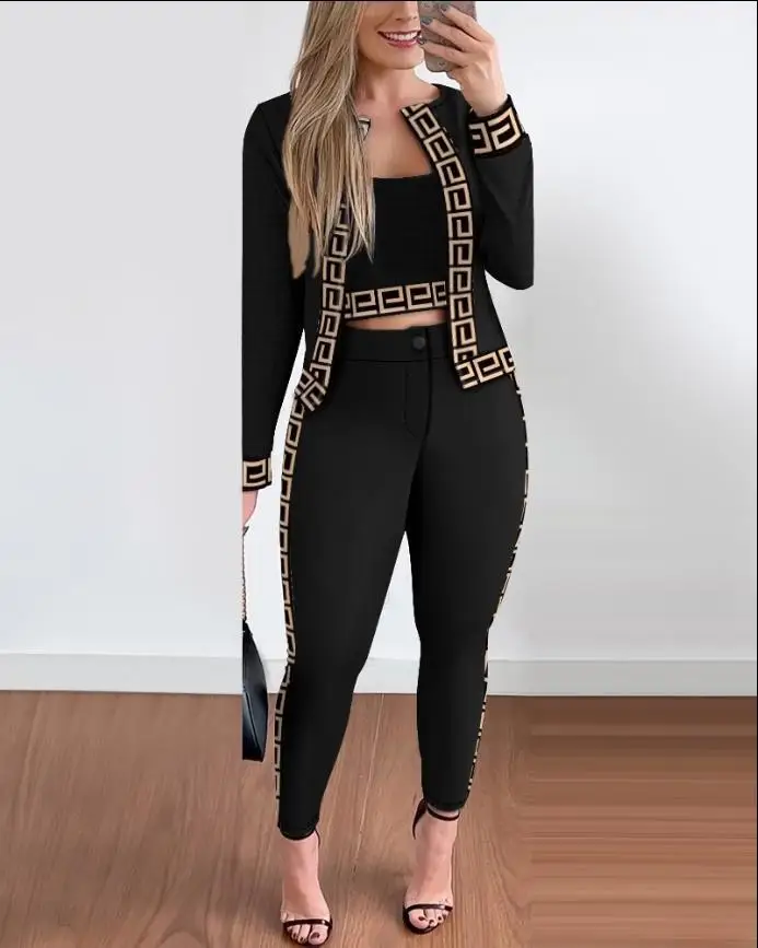 2024 New Autumn Awinter Elegant Casual Three-piece Women's Fashion Houndstooth Printed Tight Plaid Vest+trousers 3 Piece Set woman jeans high waist new korean style flared pants women s high waist tight design sense super high waist denim trousers y2k