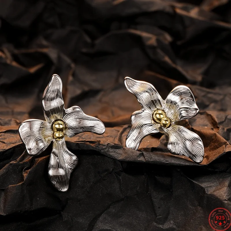 

S925 Sterling Silver Earrings for Women New Fashion Contrast Colors 3D Little Flowers Ear Studs Punk Jewelry Free Shipping