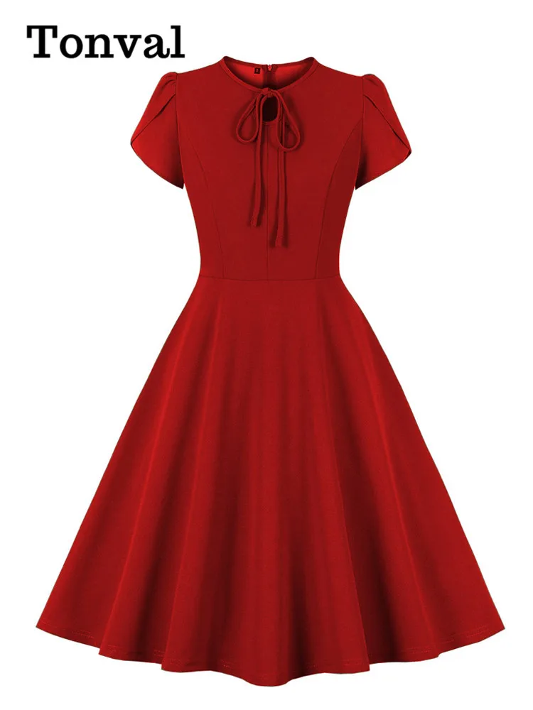 Tonval Bow Tie Neck Petal Sleeve Festival Elegant Outfit Women Summer Solid  Color New In 50s Vintage A-Line Dresses - AliExpress 200000345