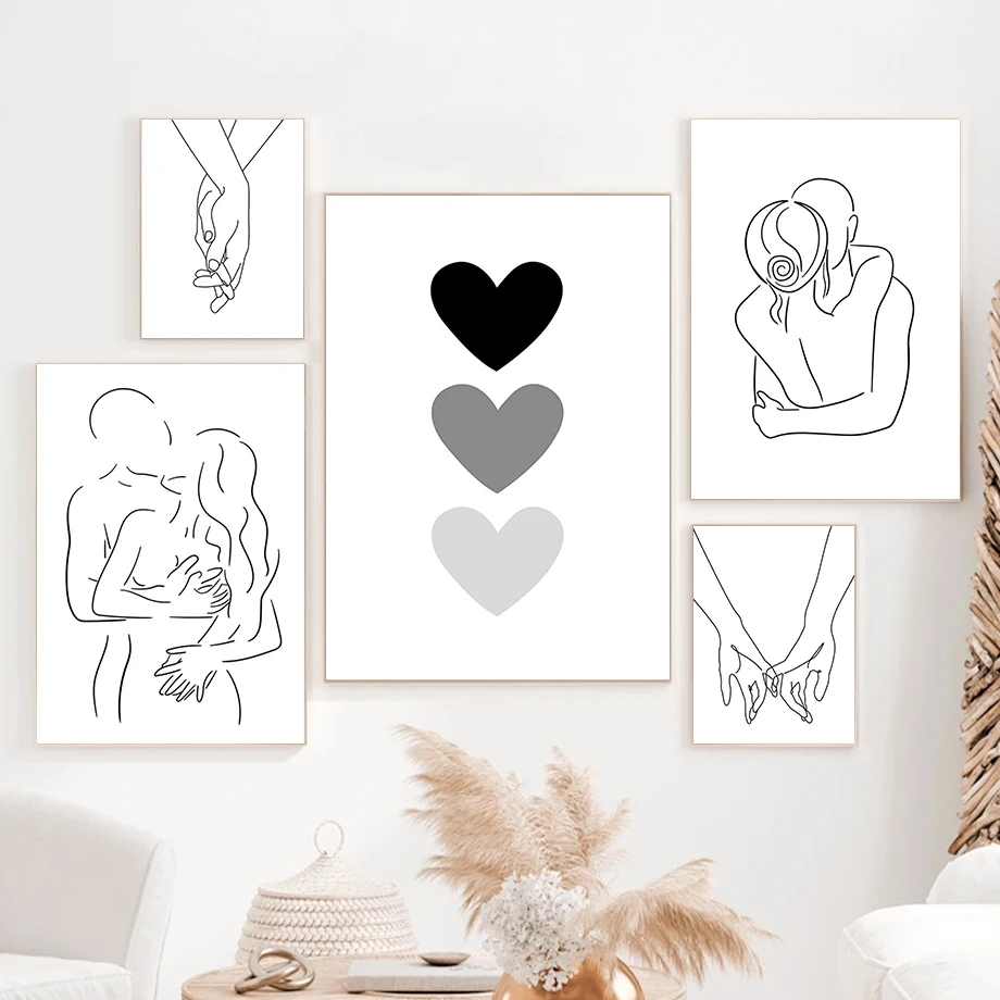 

Настенная картина для пар, рисунок на холсте с надписью «Hand Love Kiss», постеры и принты в скандинавском стиле, декор для гостиной