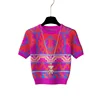 Summer Vintage Patchwork Geometric Pattern Knitted Sweater Women Fashion O-Neck Short Sleeve Knitted Pullover Tops Knitwear 1