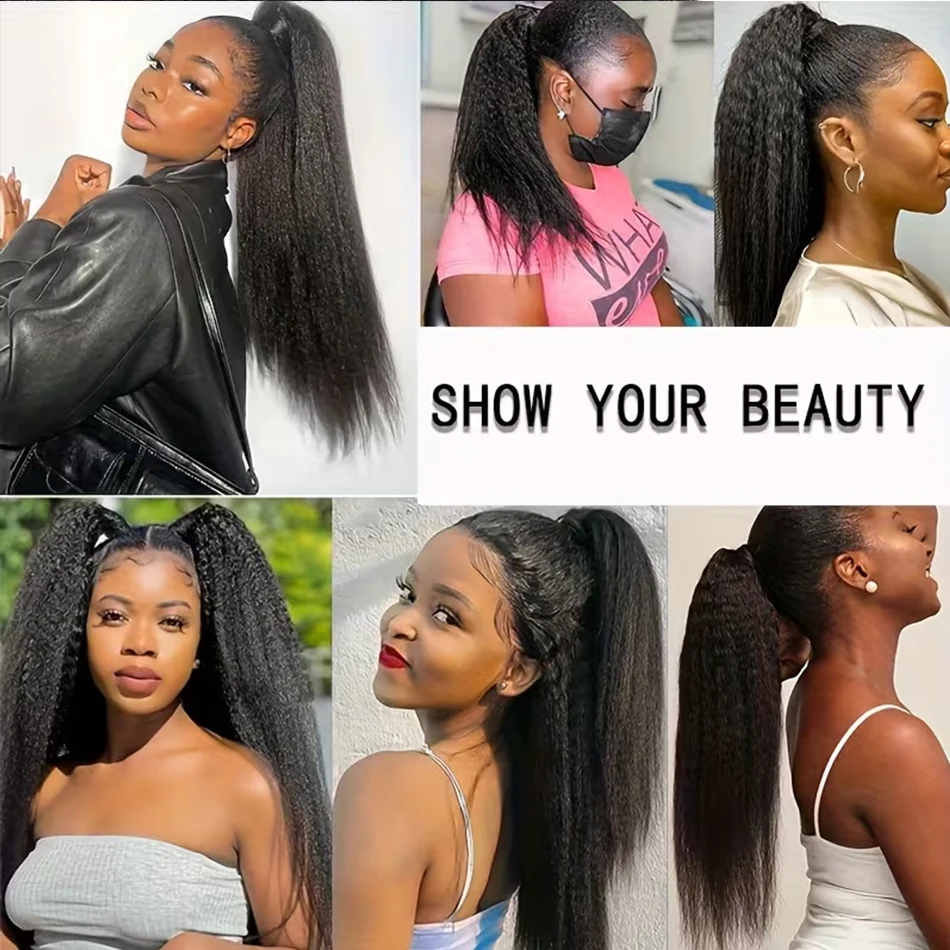 100g 킨키 스트레이트 인간의 머리카락 랩 어라운드 포니테일 레미 헤어 익스텐션 브라질 헤어 피스 여성용 천연 색상