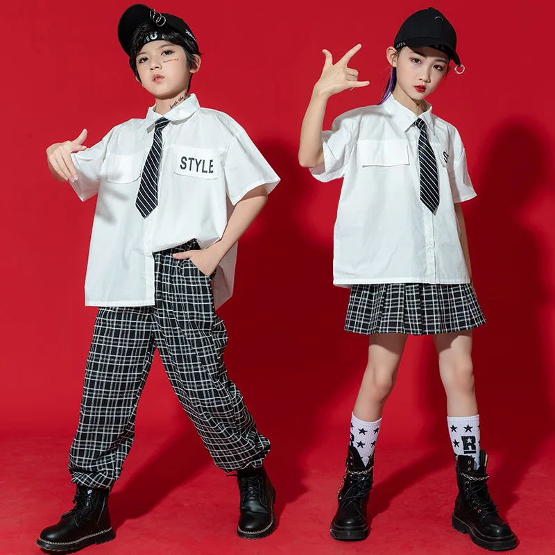 

Girls Performance Hip Hop Clothing T Shirt Tops with Tie JK Uniforms Skirt Teenager Girls Streetwear Dancing Clothes Set 3-16 Y