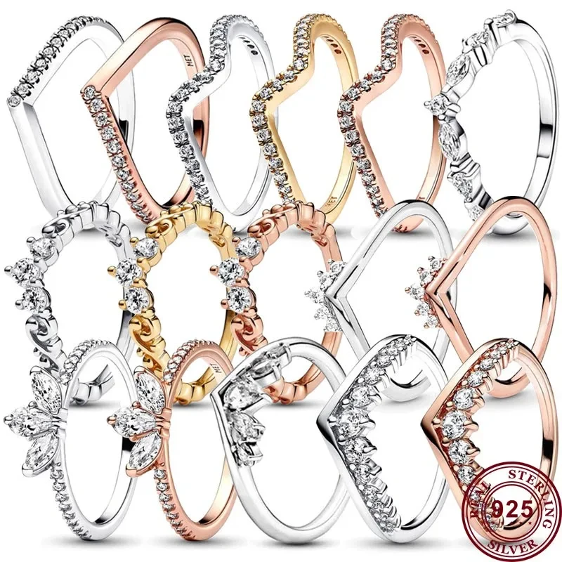 New 100% 925 Silver Original Glittering Wave Crystal Crown Wishbone Women's Logo Ring Engagement Wedding Anniversary DIY Jewelry