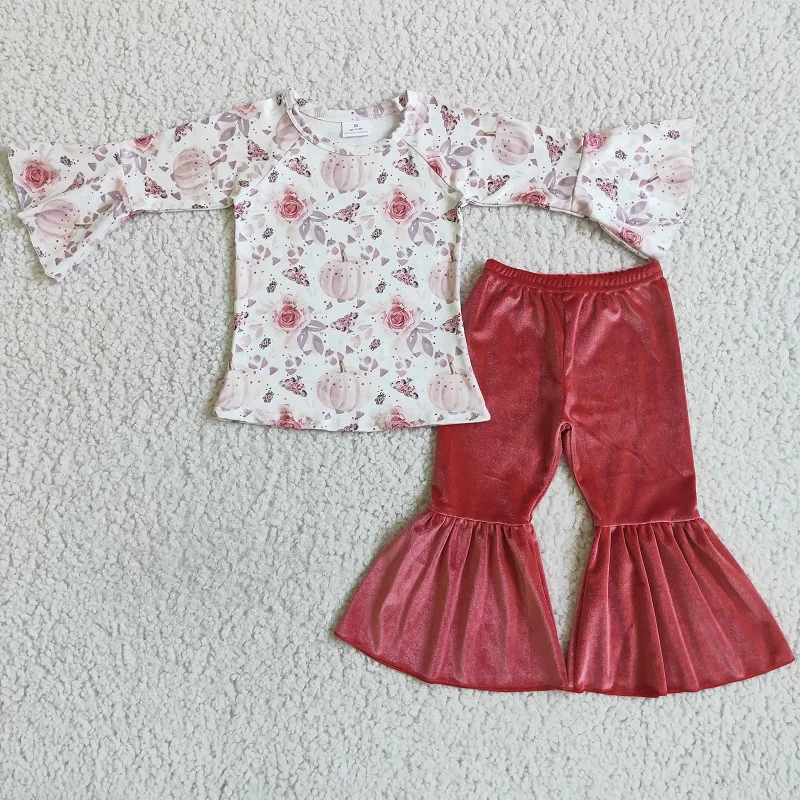 

Baby Girls Summer Hot Sale Girls' Pink Pumpkin Blossom Gold Velvet Trousers Suit Wholesale Boutique Baby Girls Children Clothes