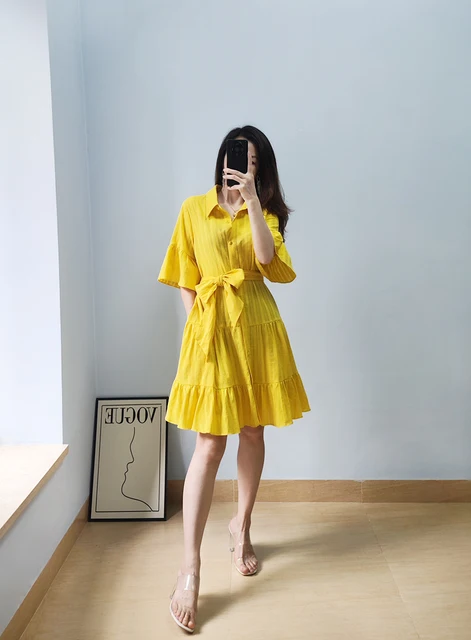 Jacquard Flare Sleeve Belted Waist Mini Shirt Cotton Dress XS-XL