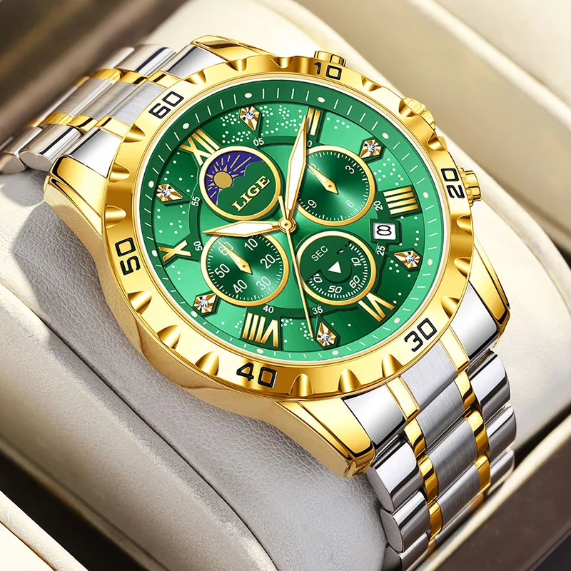 LIGE Business Watch Men Fashion 24 Hour Moon Phase Waterproof Men Quartz Wristwatch Luminous Stainless Steel Sports Chronograph
