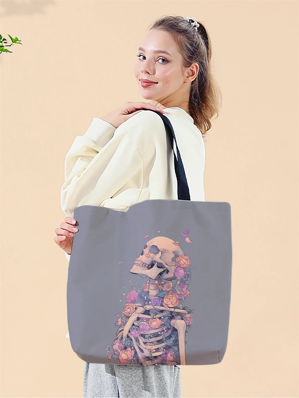1pc,flower skull handbag, reusable fashionable handbag, multifunctional handbag, printed canvas shopping bag