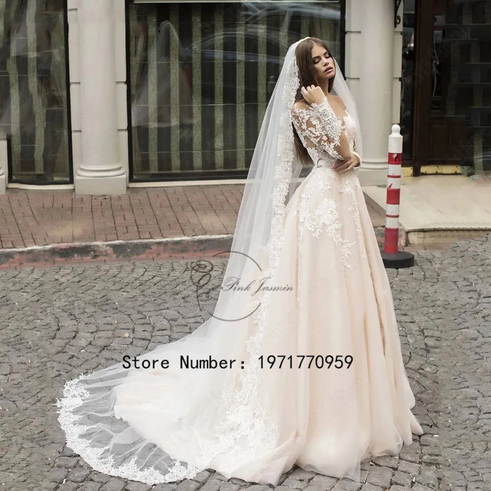 Customized Luxury Long Sleeve Wedding Gowns For Princess Scoop Neck A-Line Applique Elegant Applique Bridal Dress Robe De Marié 3