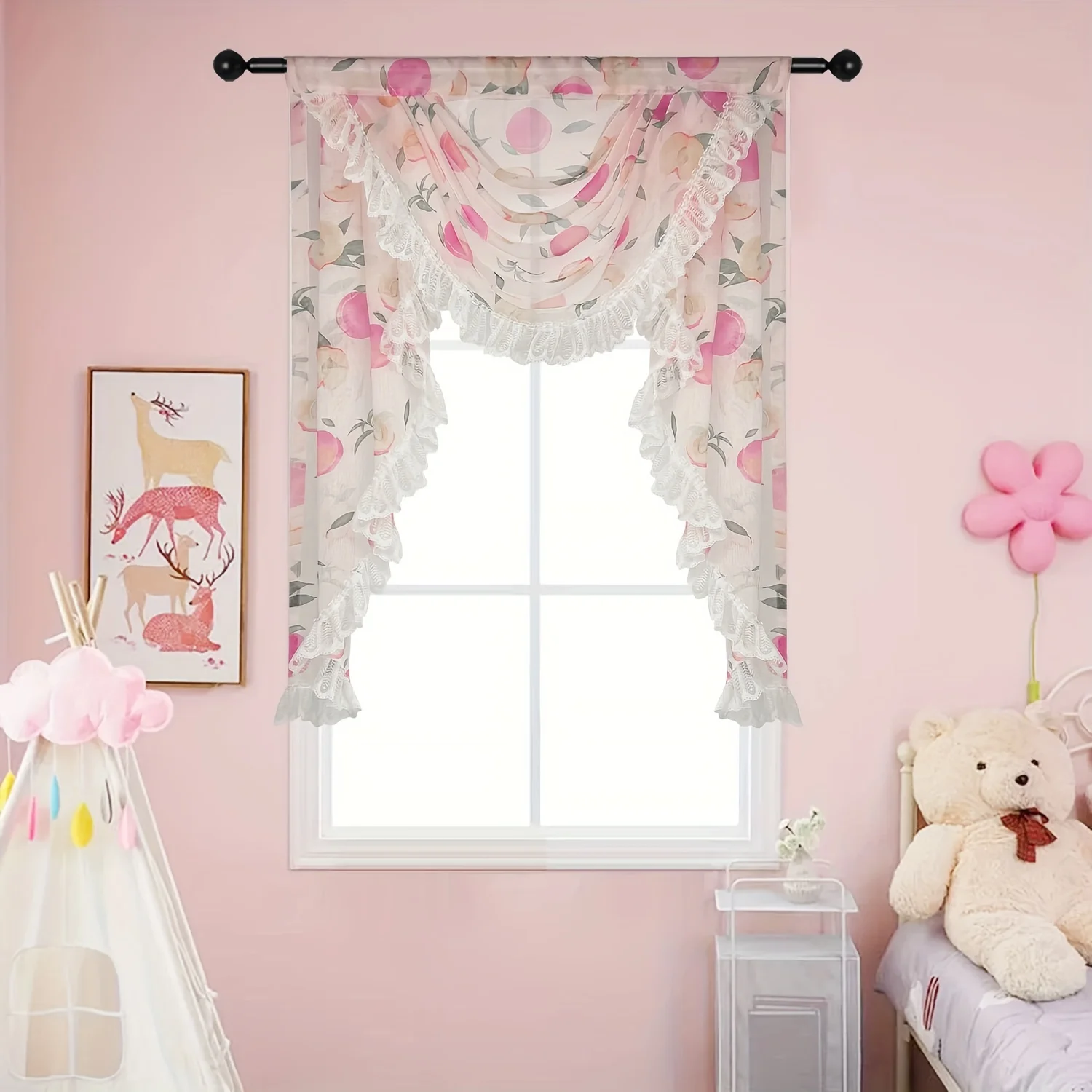 

1 шт., Корейская романтическая занавеска с розовым персиком и белым кружевом с оборками для украшения окон комнаты, детский Декор для детской кровати