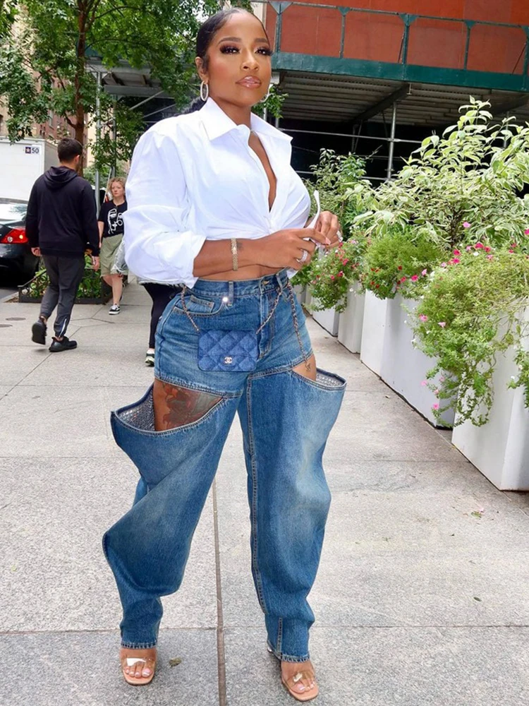 

Длинные брюки Y2k из эластичного денима с вырезами, уличная одежда для женщин, прямые джинсы с завышенной талией и карманами, уличная одежда