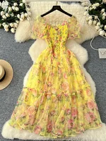 Summer Vintage French Mesh Dress for Women New Waist Cinched Slash Neck Bubble Sleeves Sweet Floral Chiffon Dress Female C146 - Image 3