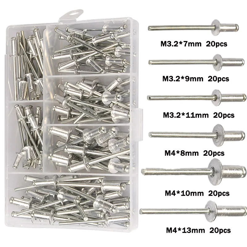 Kit d'assortiment de Rivets évasés en aluminium M3.2 M4, 120 pièces, tête de dôme, Kit de Rivets avec tirette pour meubles