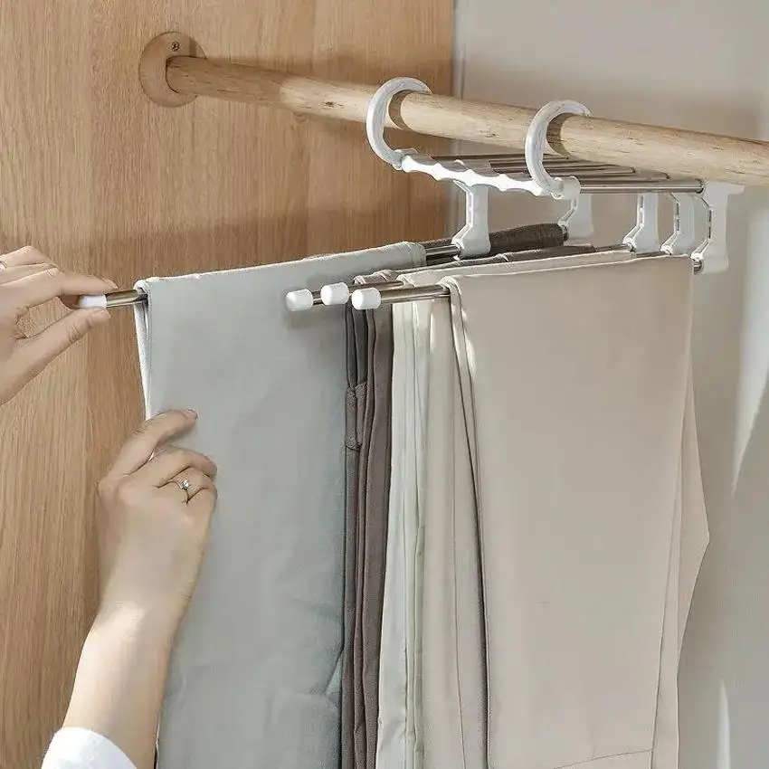 1 Pcs 5 In 1 Magic Trouser Rack Hangers Stainless Steel Folding Pant Rack Tie Hanger Shelves Bedroom Closet Organizer Storage