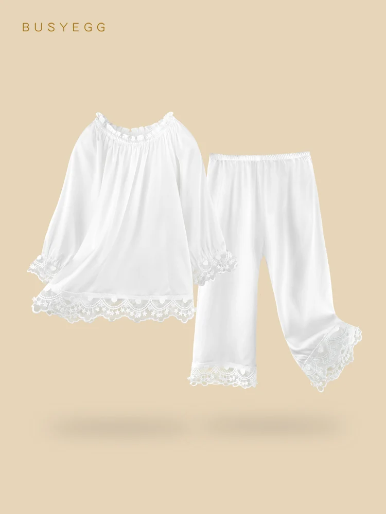

Solid color white Lace Children's Real Silk Pajamas Child Girls Set Summer Natural Silk Pajamas Clothing For Girls Kids Homewear
