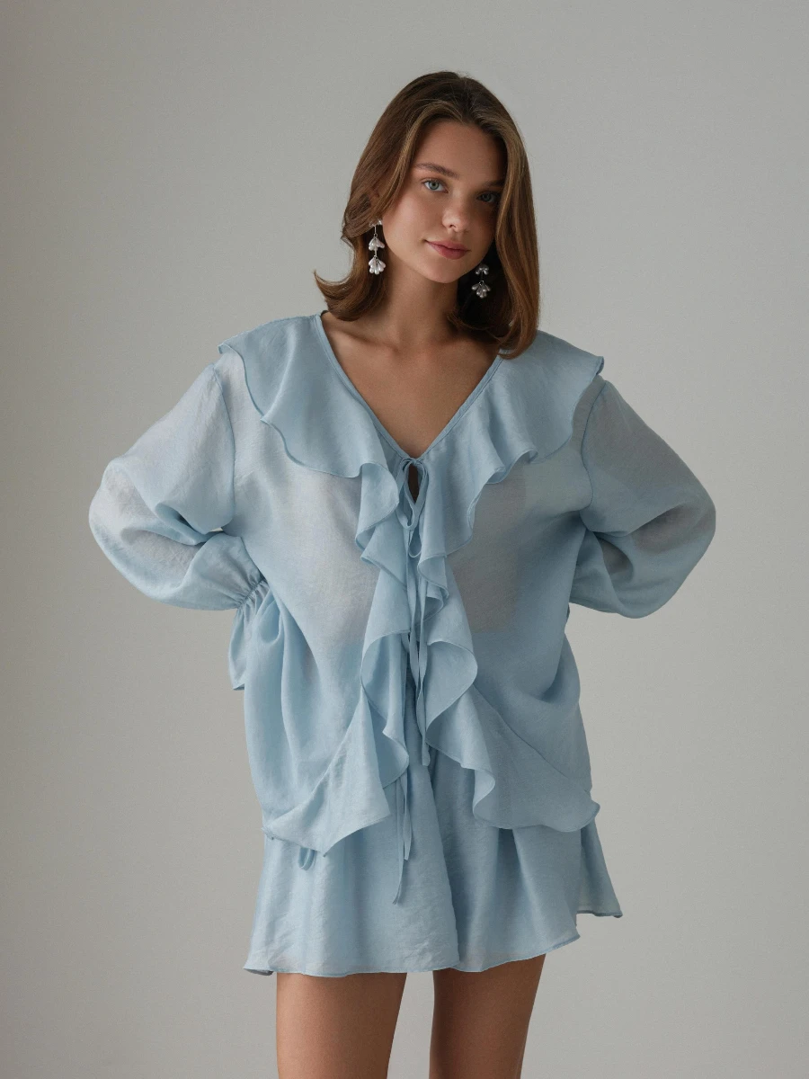 Bornladies Spring New Women's French V-neck Loose Ruffled Shirt Shorts Set Fashion Casual Long Sleeve Loose Shorts Two Piece Set