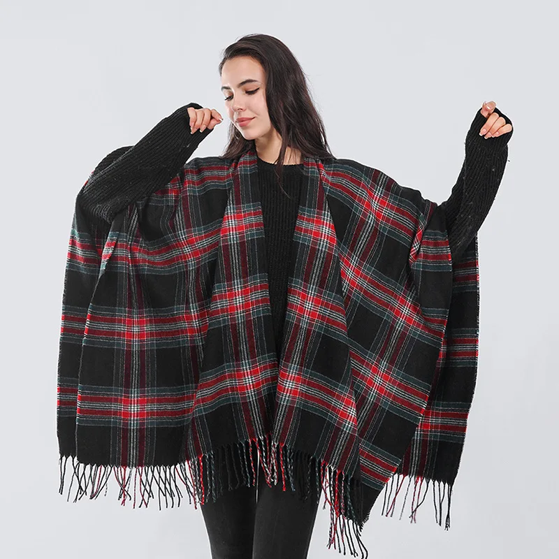 

Retro Plaid Shawl for Women New Outer Cape Warm Imitation Cashmere Cotton Fringed Scarf Luxury Style Autumn and Winter