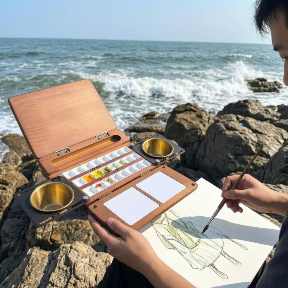 24칸 수채화 팔레트 박스, 브러쉬 컵 홀더가 있는 휴대용 페인트 팔레트, 두 개의 혼합 공간, 그림 그리기용 나무 페인트 박스