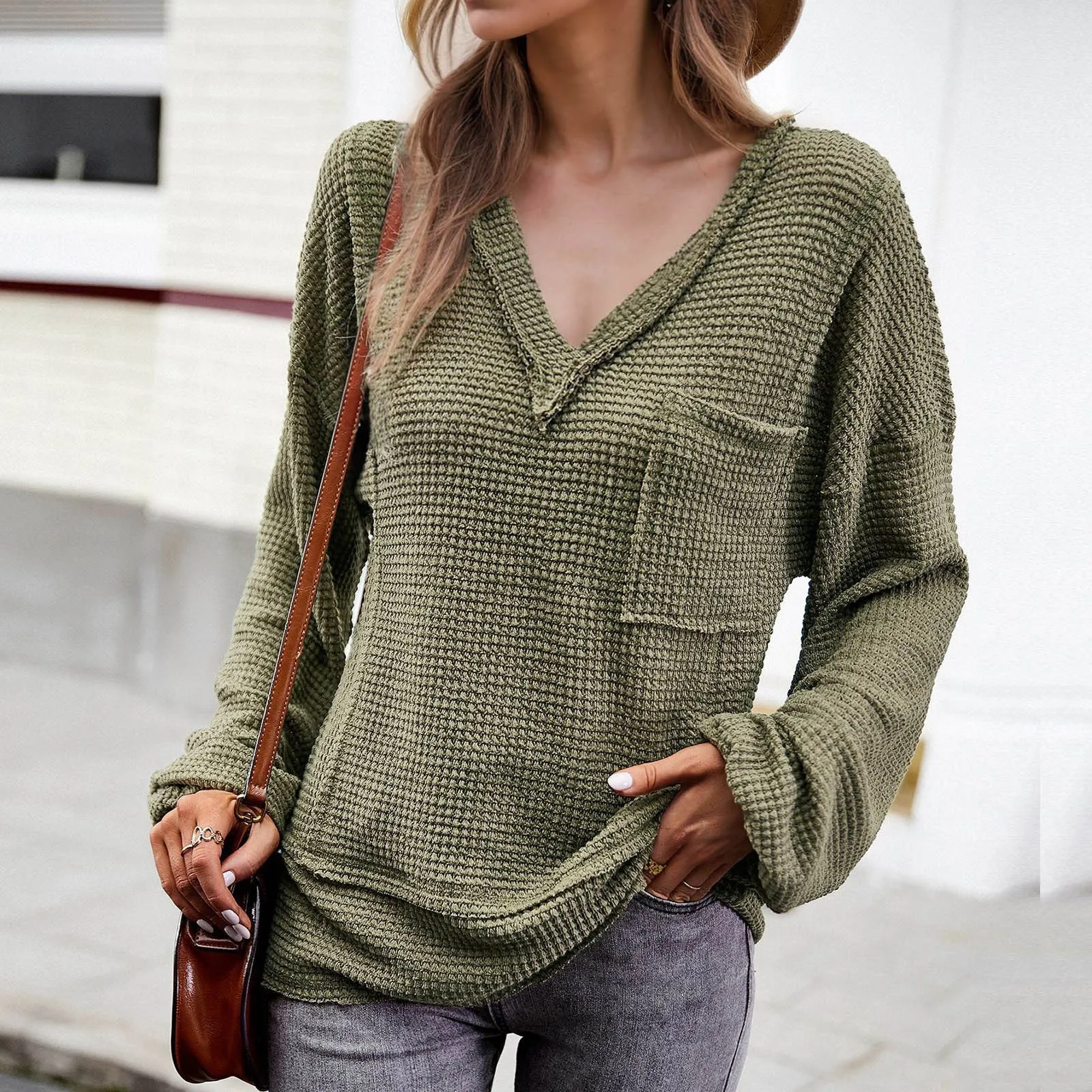 

Ladies Solid Color V Neck Long Sleeve Knit Top Women Winter Sweaters