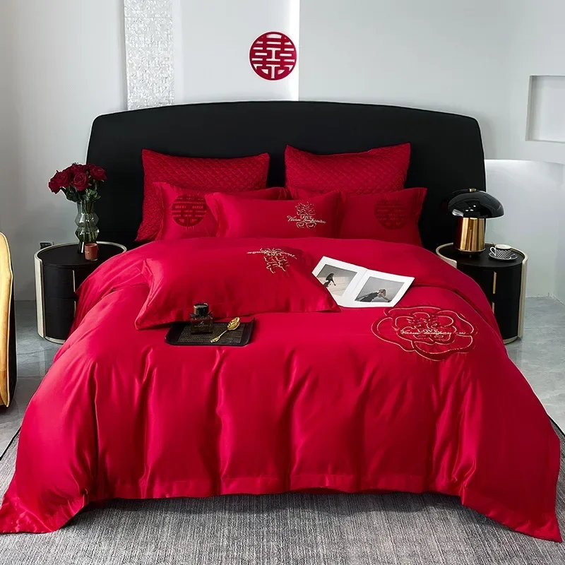 

Chinese Wedding Red Bedding Set Luxury Washed Cotton Duvet Cover Set Bed Sheets and Pillowcases King Queen Bed Set for Lovers