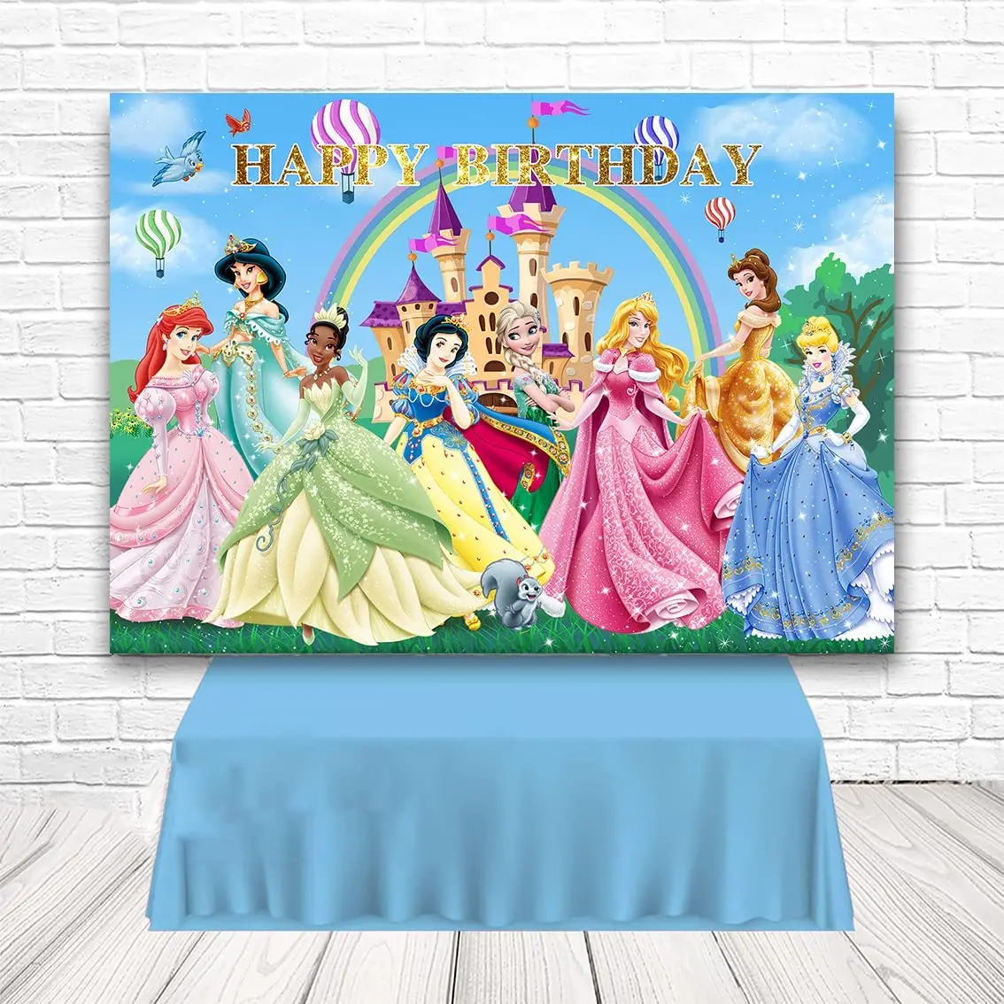 Disney Princess Biancaneve Sirenetta Frozen Elsa Girls Birthday Background Rainbow Castle Fairy Tale Pink Photography