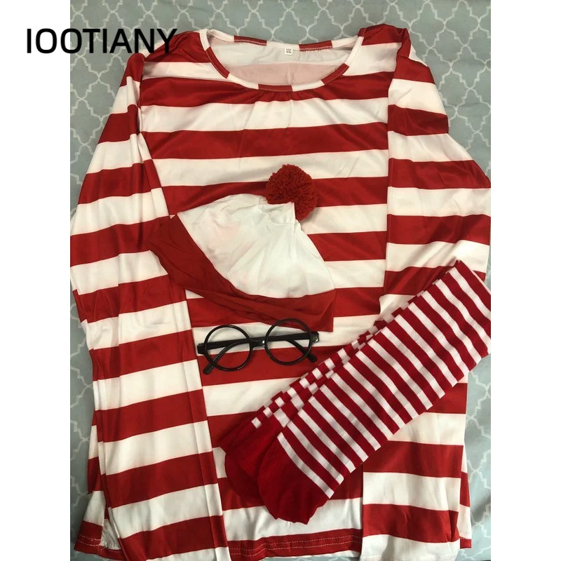 S-XXL Parent-Child Cartoon Where is Wally Waldo Costume Waldo Book Week Cosplay Outfit Stripe Shirt Hat Glasses Kit cosplay costume