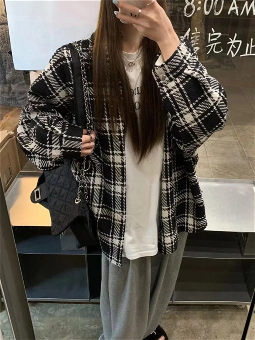 

Alien Kitty Korea Plaid Chic Shirts Women Daily Full Sleeve Loose Spring 2024 All Match Vintage Office Lady High Street Casual